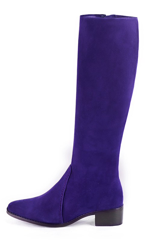 Violet purple women's riding knee-high boots. Round toe. Low leather soles. Made to measure. Profile view - Florence KOOIJMAN